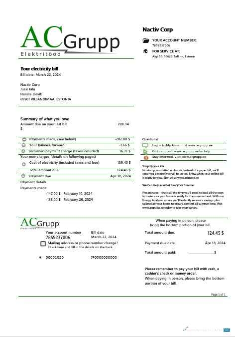 Estonia AC Grupp OÜ electricity business utility bill template in Word and PDF formats